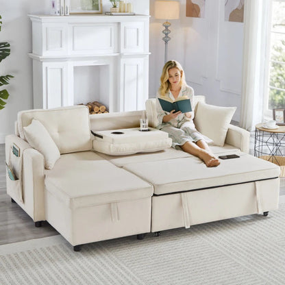 Beige L-Shaped Convertible Sofa Bed with Reversible Chaise, Storage & Sleeper – Space-Saving Sofa (196L x 126W x 79H cm)