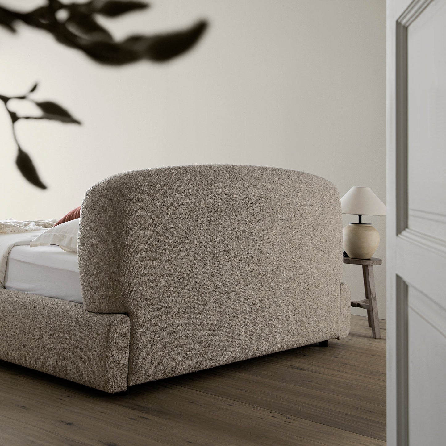 Constance Winged Headboard Ottoman Bed with Storage, Light Taupe Boucle