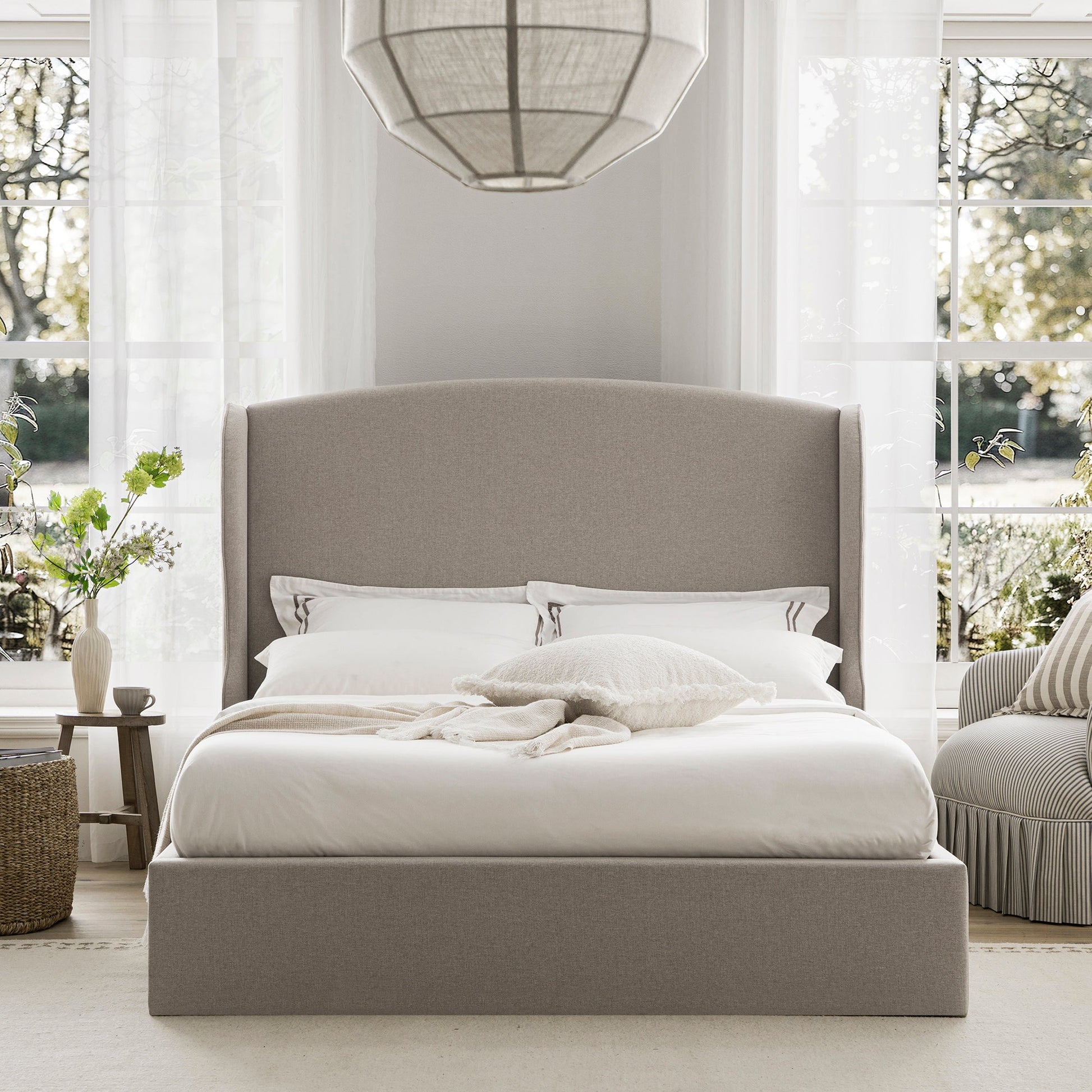 Kimberly Winged Upholstered Bed with Storage, Sand Fabric