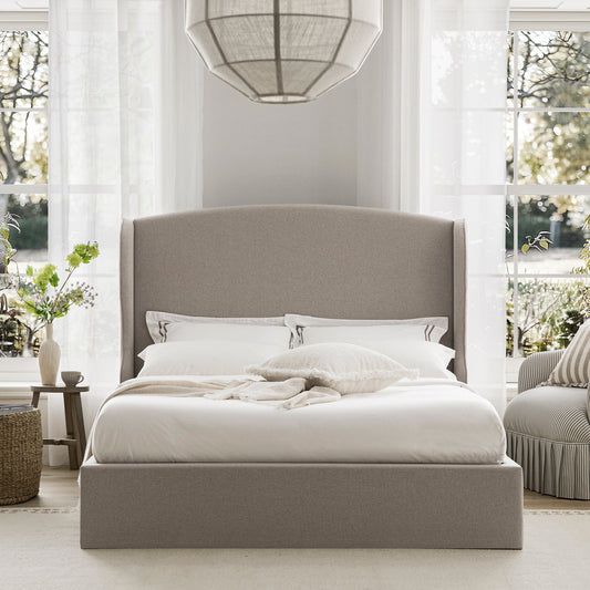 Kimberly Winged Upholstered Bed with Storage, Sand Fabric