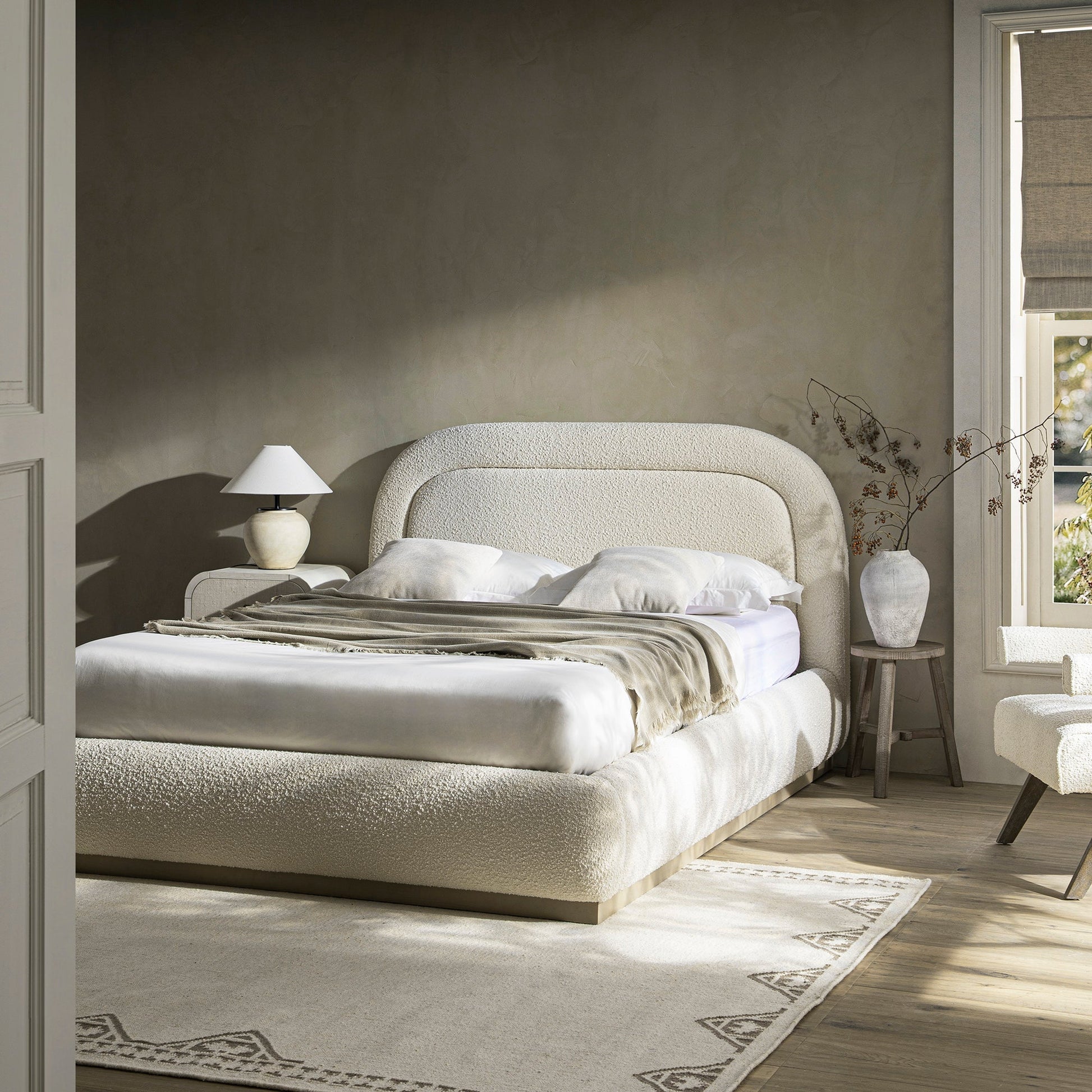 Luella Upholstered Wooden Plinth Base Bed with Storage, Ecru Boucle