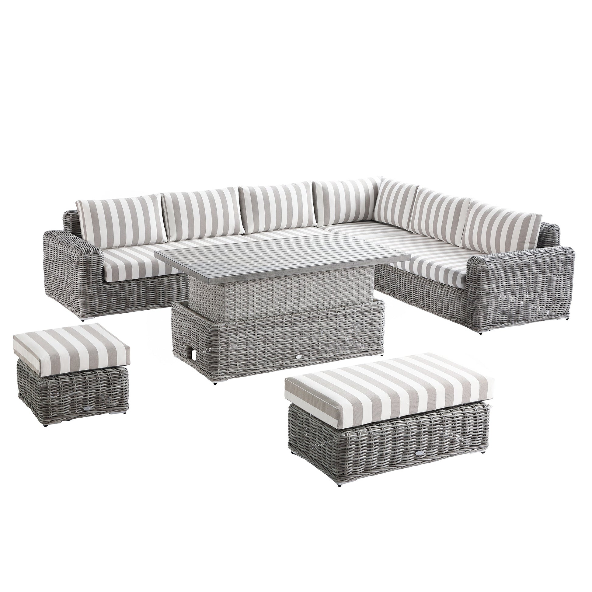 Bellagio Round Wicker Large Corner Casual Dining Set with Rising Table, Light Grey with Taupe Stripes