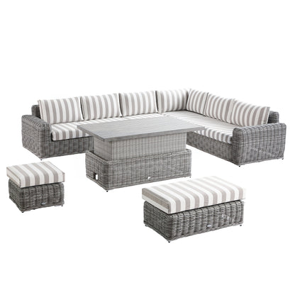 Bellagio Round Wicker Large Corner Casual Dining Set with Rising Table, Light Grey with Taupe Stripes