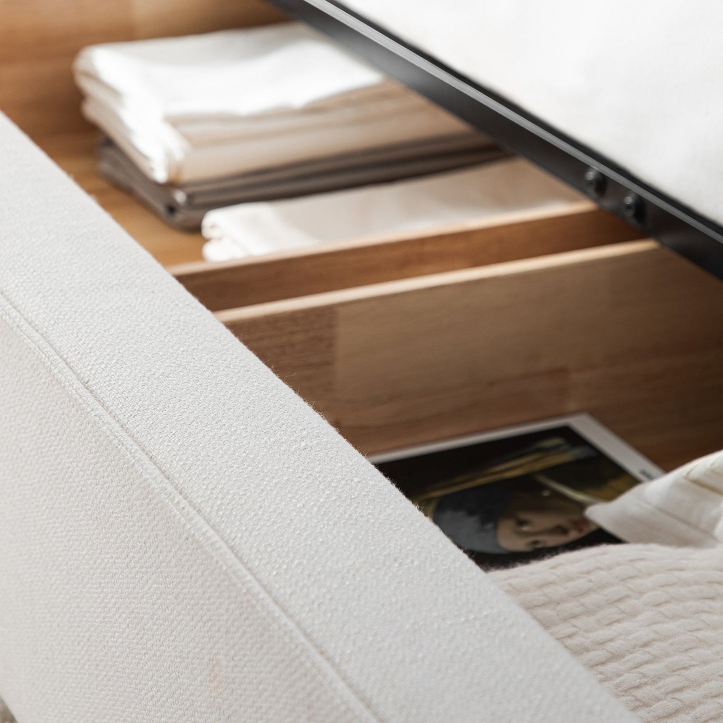 Forte Drawer Bed with Storage, Beige Linen Blend