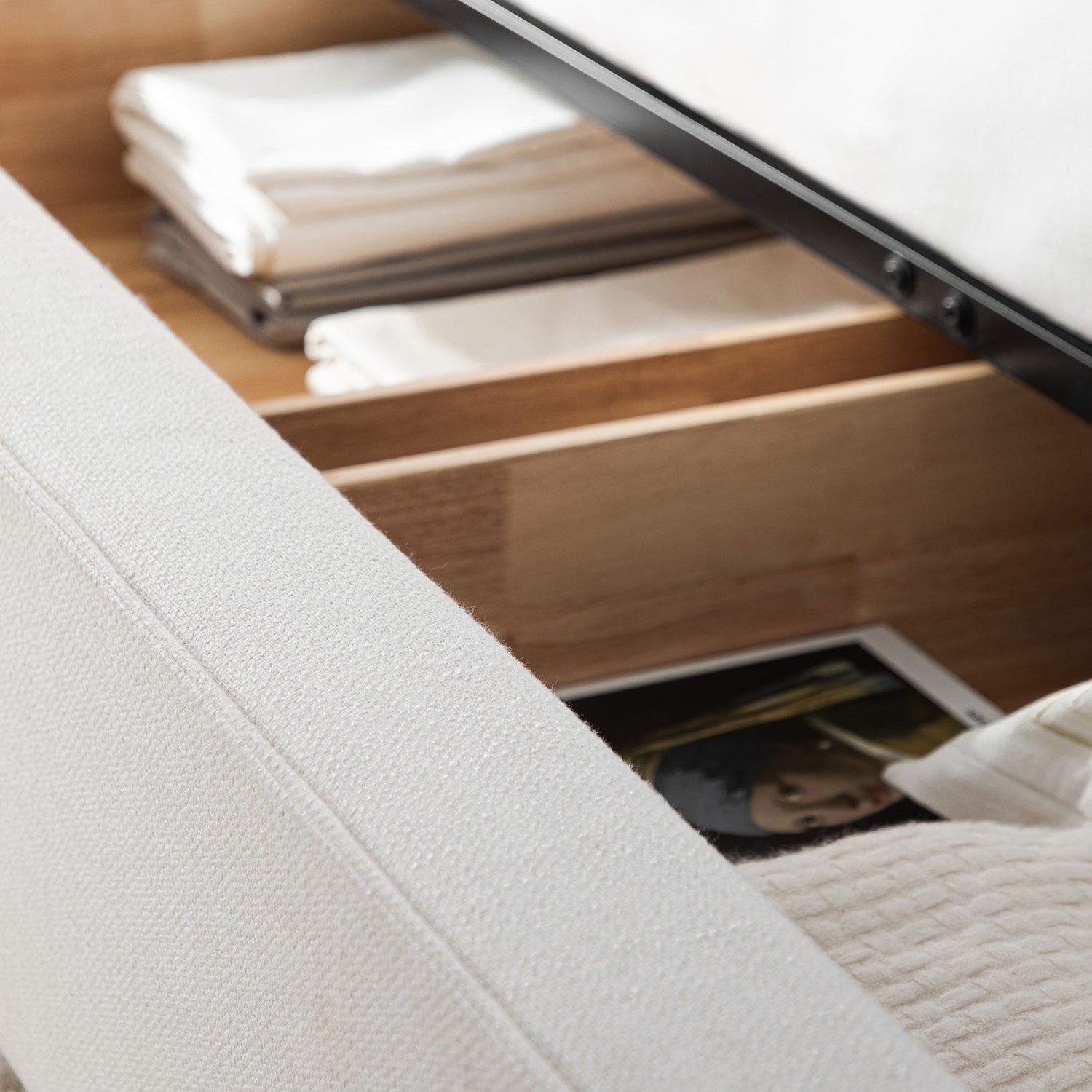 Forte Drawer Bed with Storage, Beige Linen Blend