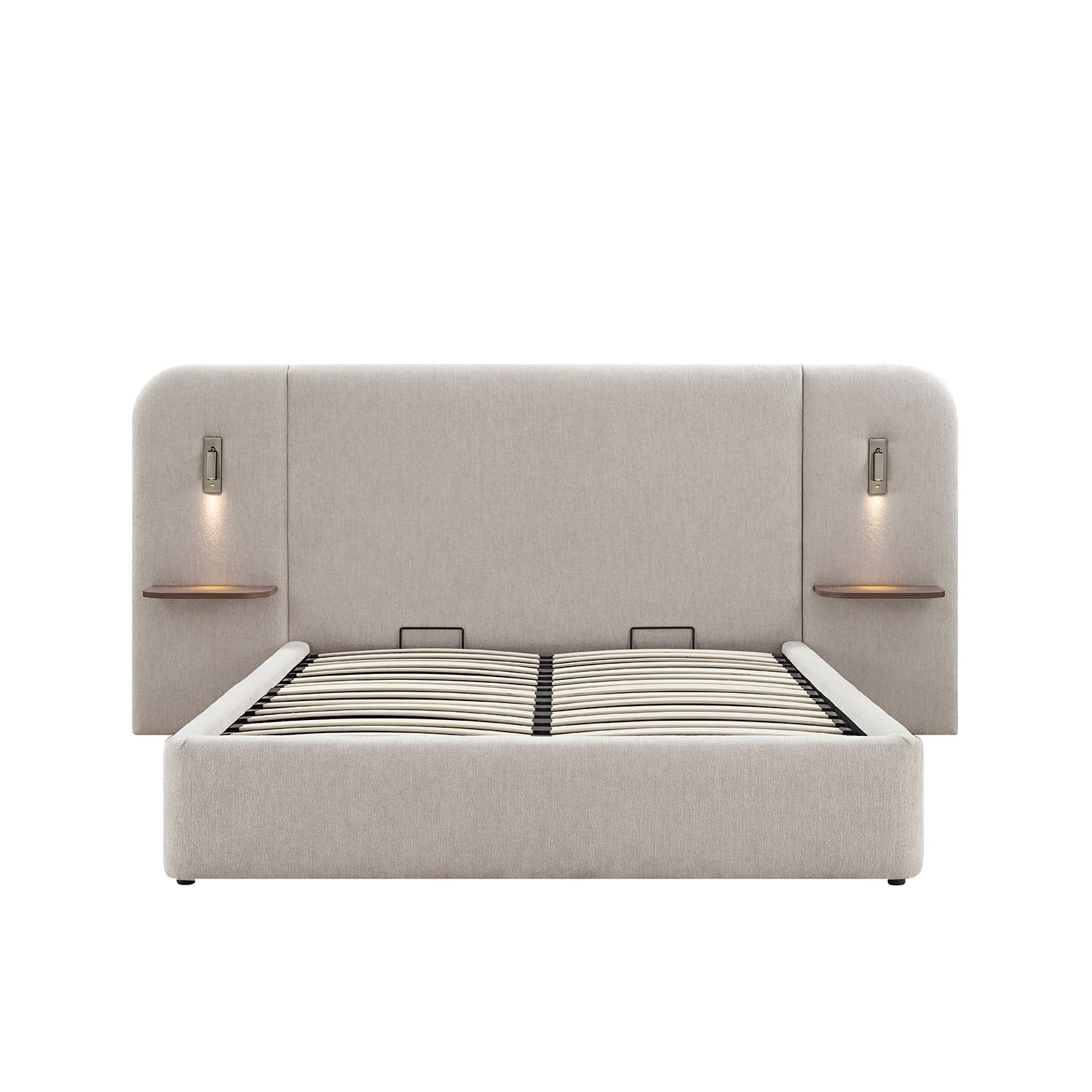 Della Extended Headboard Bed with Storage, Soft Beige Chenille