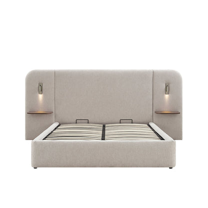 Della Extended Headboard Bed with Storage, Soft Beige Chenille