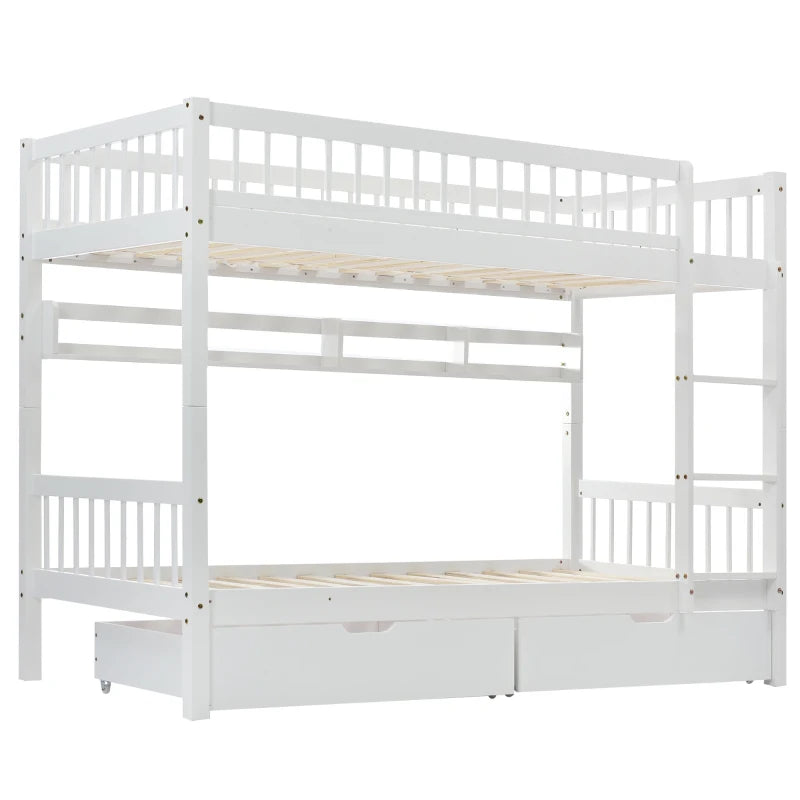 Kids Bunk Bed with Storage Drawer & Shelves - White