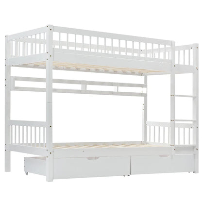 Kids Bunk Bed with Storage Drawer & Shelves - White
