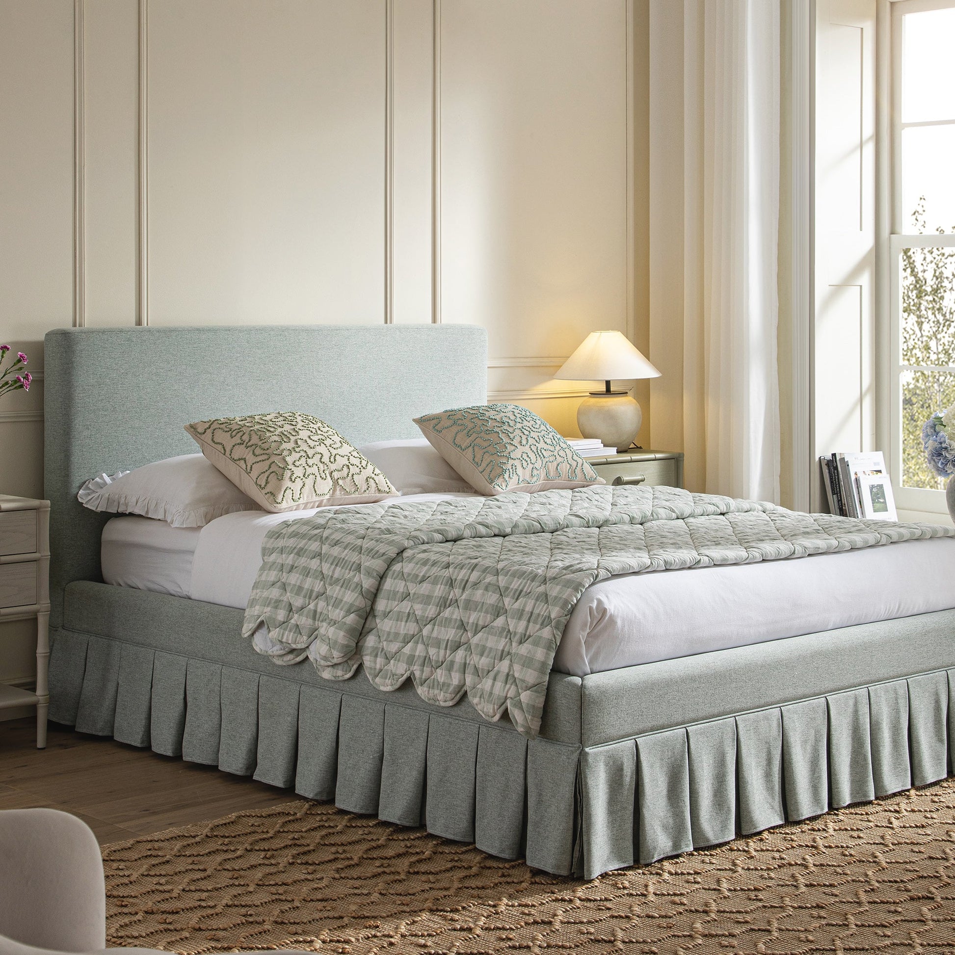 Egerton Box-Pleat Ottoman Bed with Storage, Pale Aqua Brushed Fabric