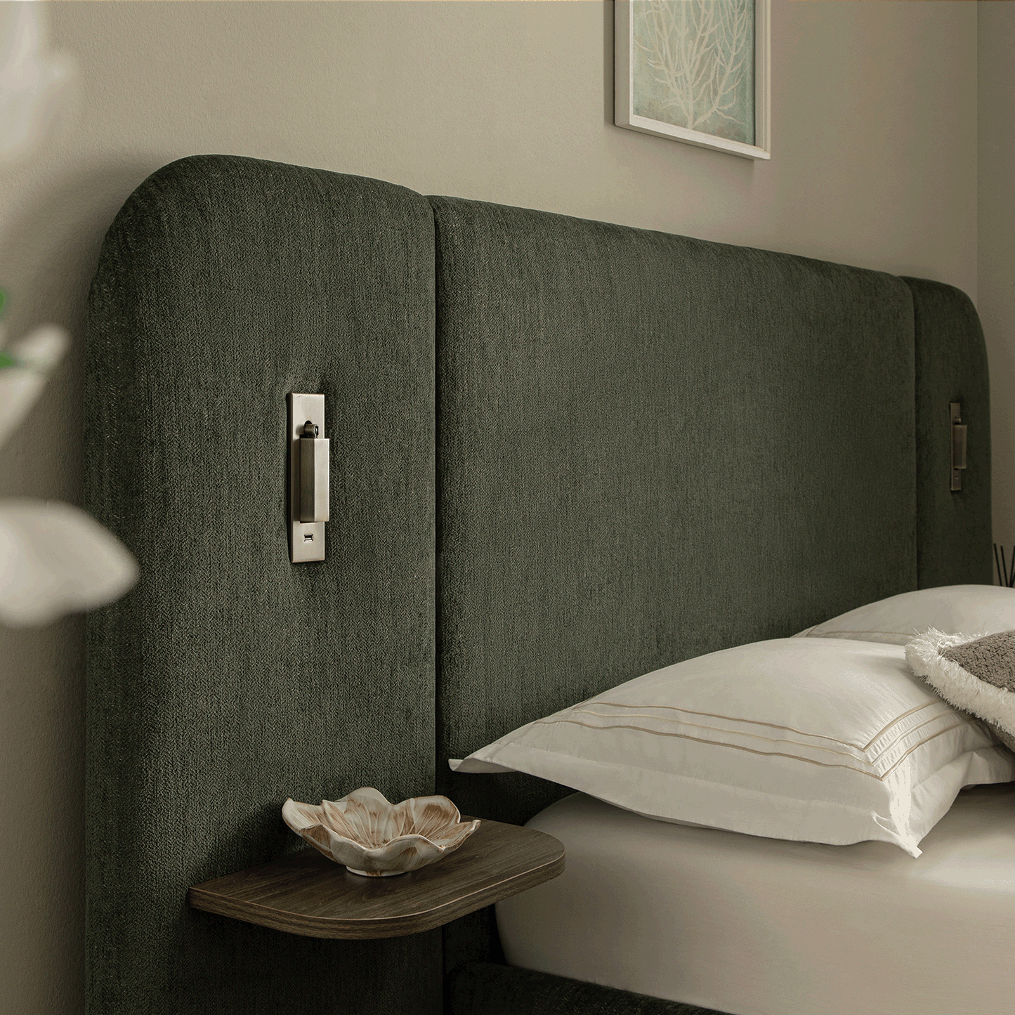 Della Extended Headboard Bed with Storage, Moss Green Chenille