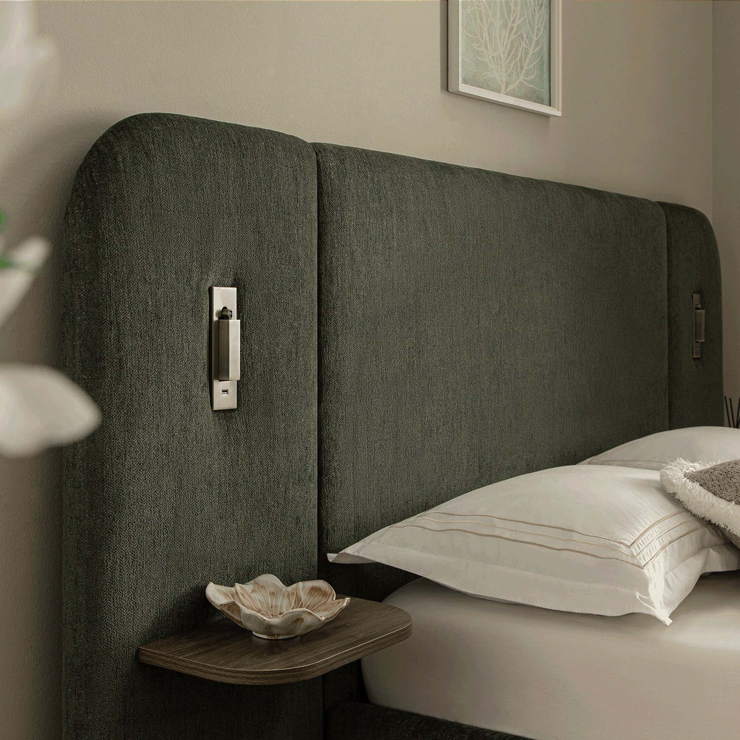 Della Extended Headboard Bed with Storage, Moss Green Chenille
