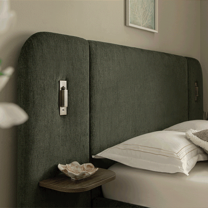 Della Extended Headboard Bed with Storage, Moss Green Chenille