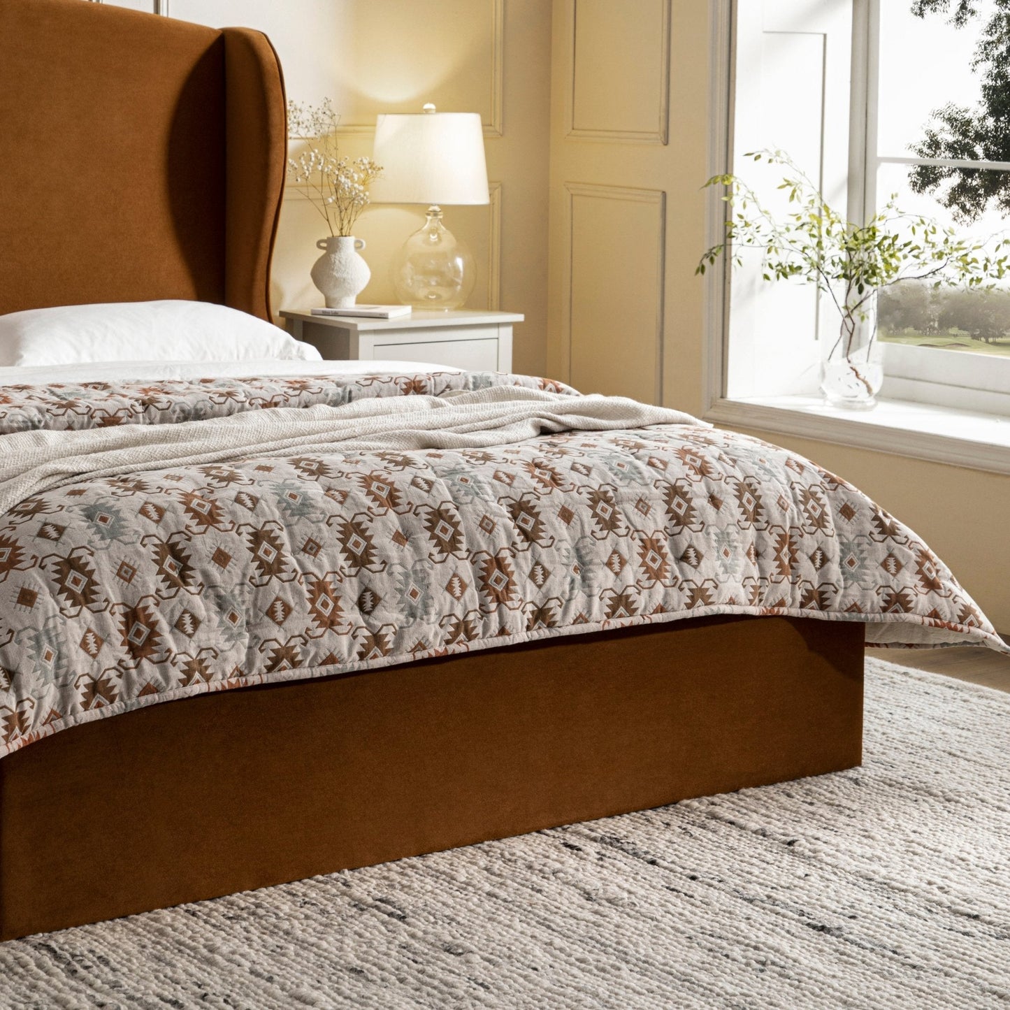Kimberly Winged Upholstered Bed with Storage, Cinnamon Velvet