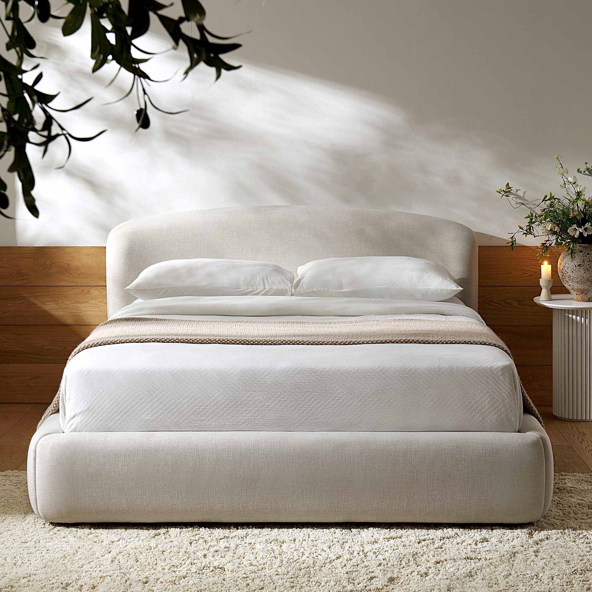 Constance Winged Headboard Ottoman Bed with Storage, Beige Linen
