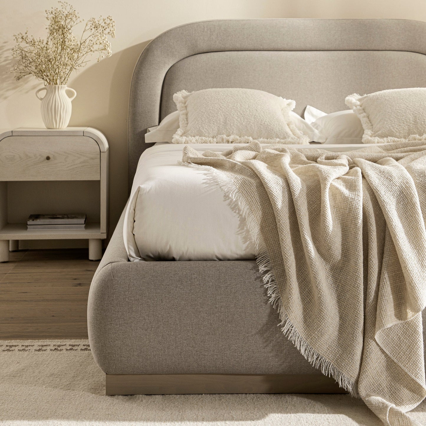Luella Upholstered Wooden Plinth Base Bed with Storage, Sand Fabric
