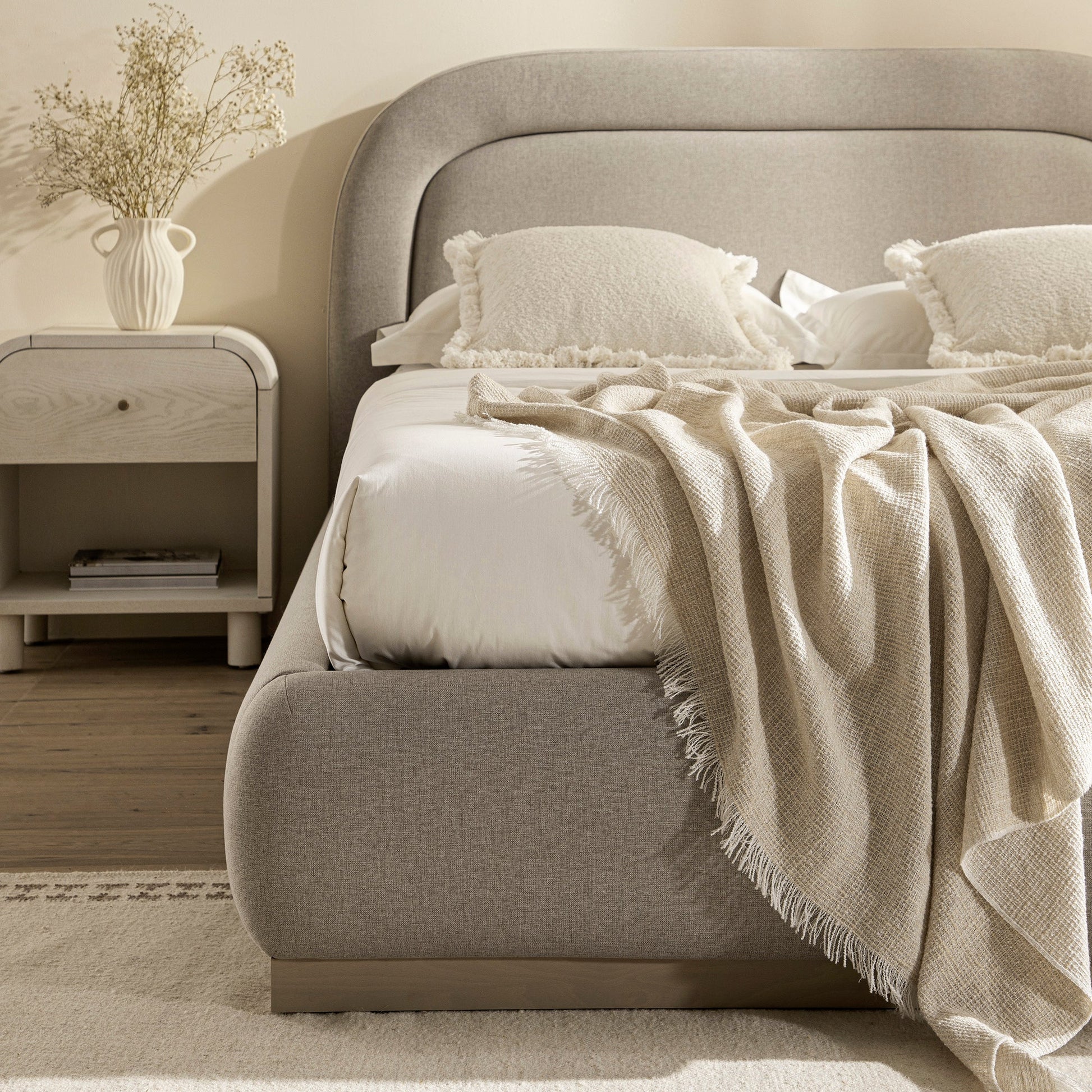 Luella Upholstered Wooden Plinth Base Bed with Storage, Sand Fabric