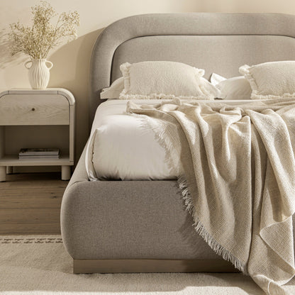Luella Upholstered Wooden Plinth Base Bed with Storage, Sand Fabric