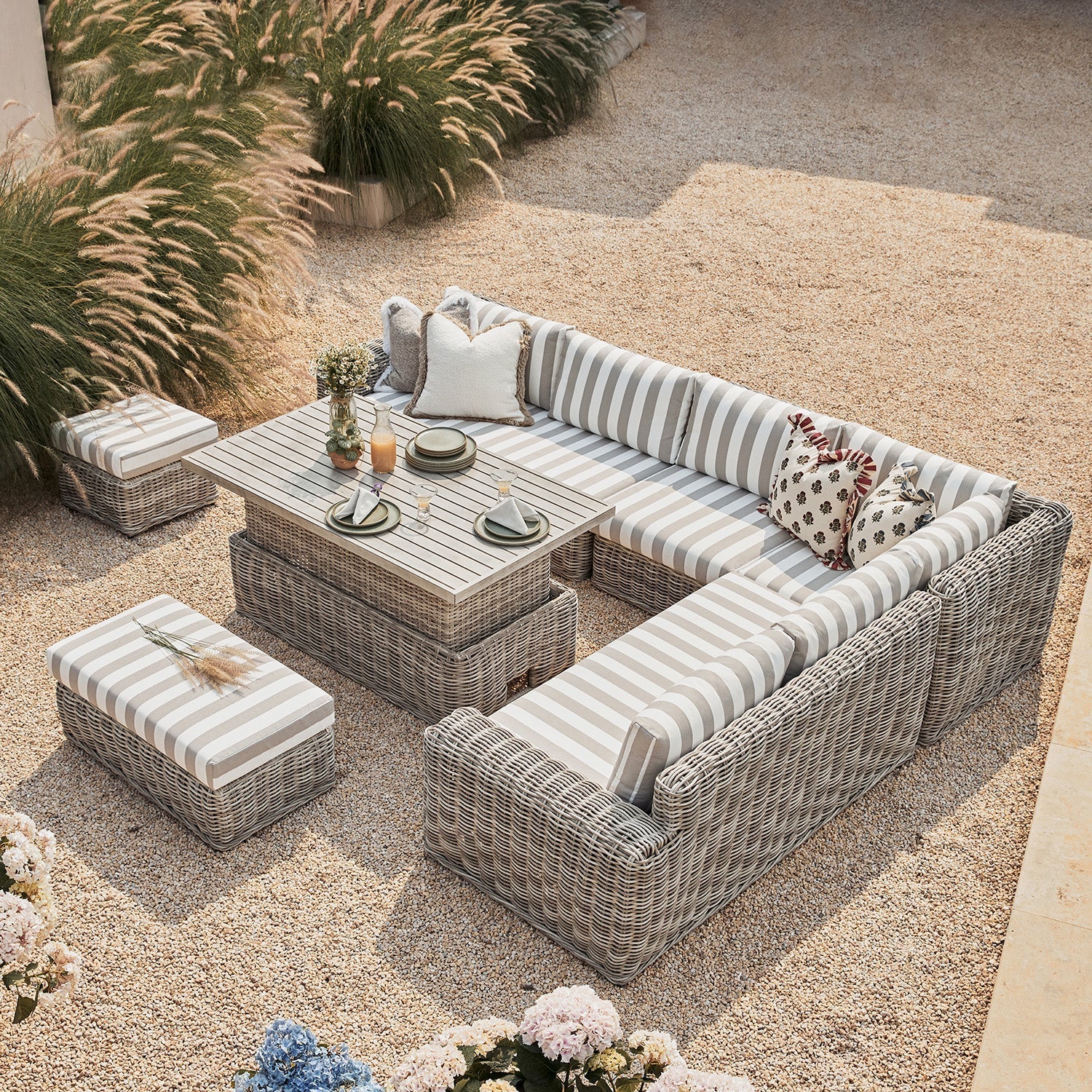 Bellagio Round Wicker Large Corner Casual Dining Set with Rising Table, Light Grey with Taupe Stripes