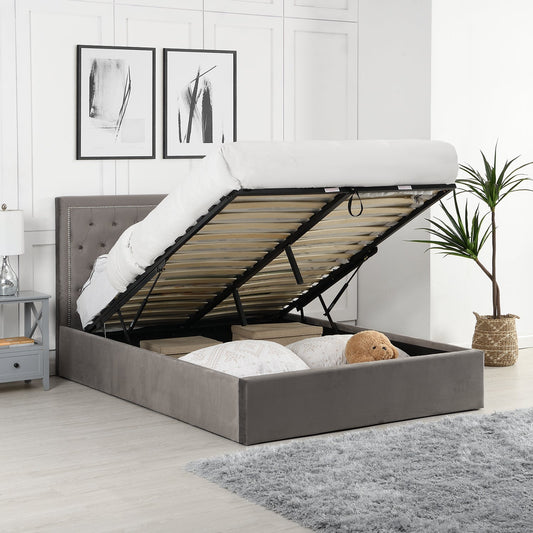 Hartwell Upholstered Ottoman Bed with Storage with Deeply Buttoned Headboard (Grey Velvet)
