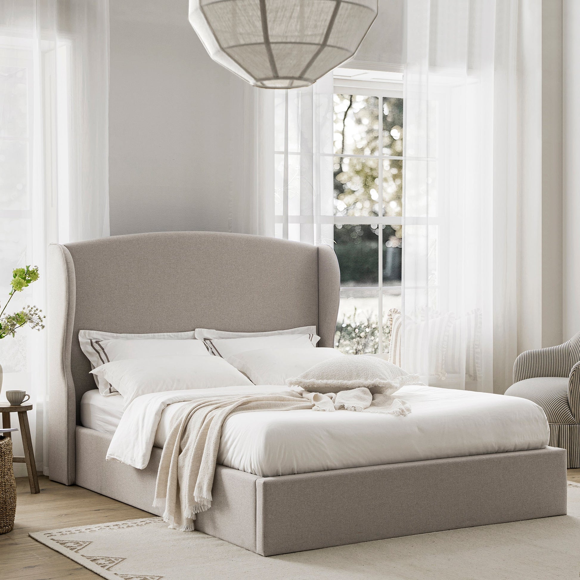 Kimberly Winged Upholstered Bed with Storage, Sand Fabric