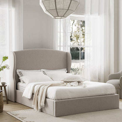 Kimberly Winged Upholstered Bed with Storage, Sand Fabric