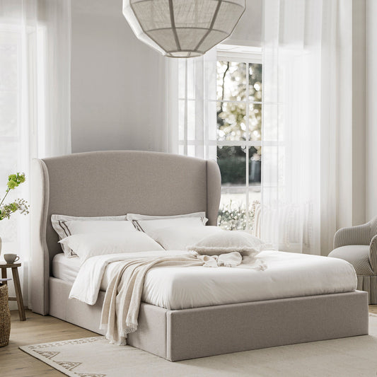 Kimberly Winged Upholstered Bed with Storage, Sand Fabric