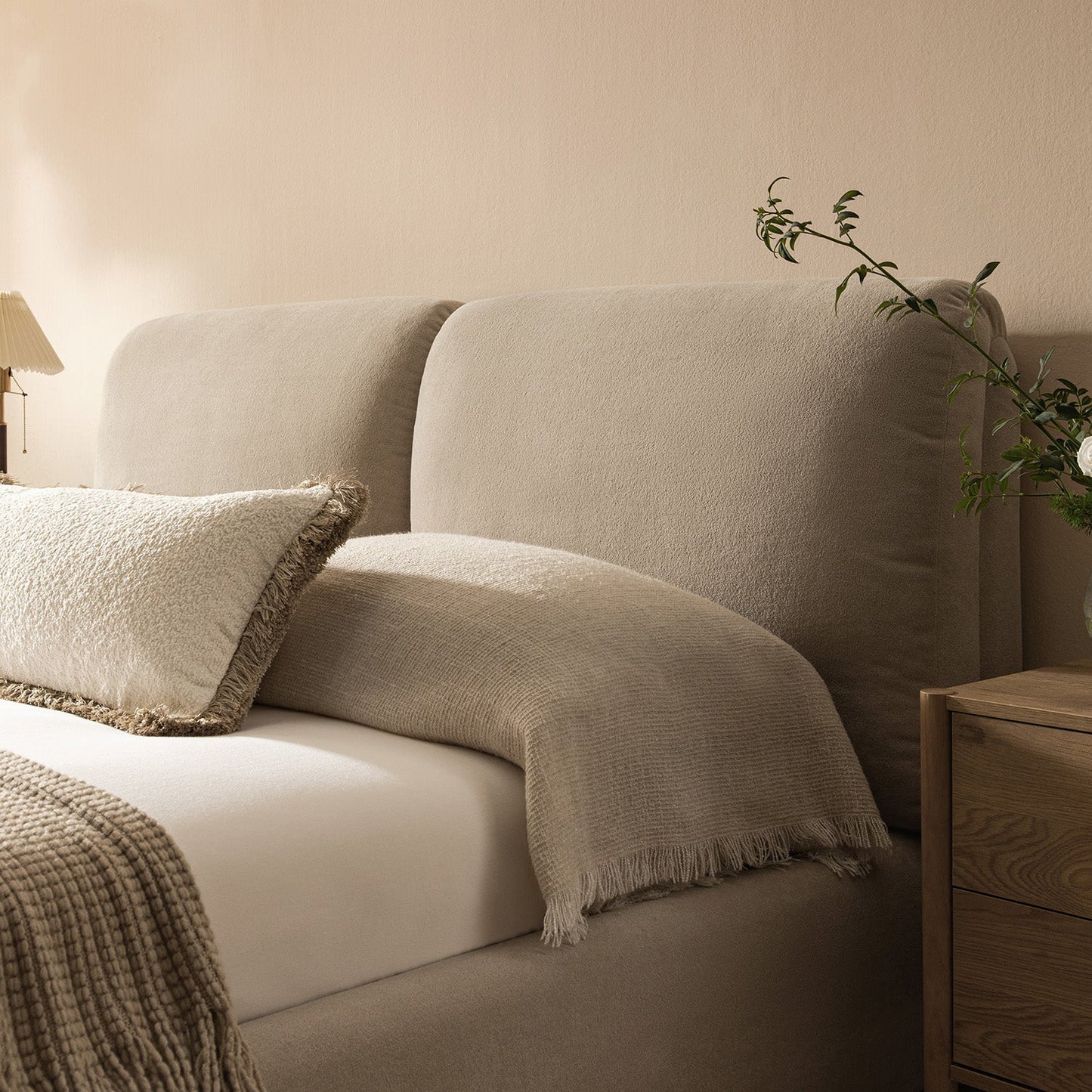 Thera Pillow Headboard Upholstered Bed, Fawn Chenille