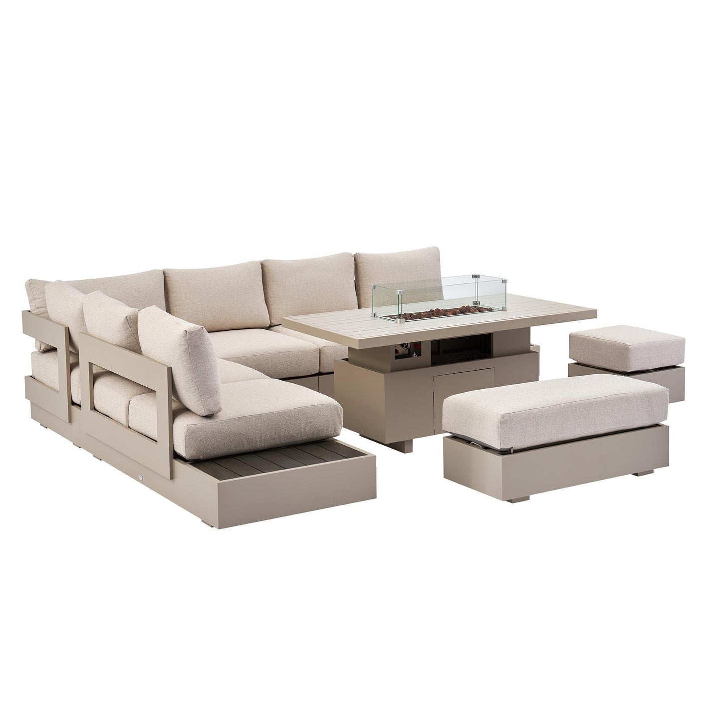 Jardin Aluminium Large Corner Casual Garden Dining Set with Rising Firepit Table, Pumice