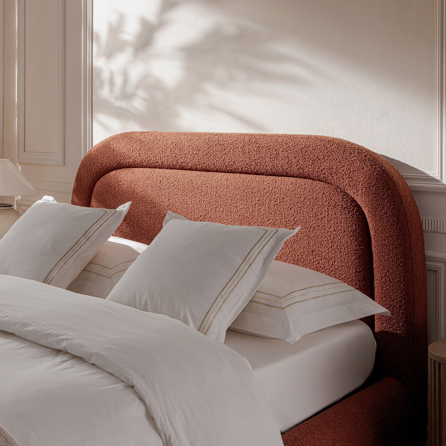 Luella Upholstered Wooden Plinth Base Bed with Storage, Rust Boucle