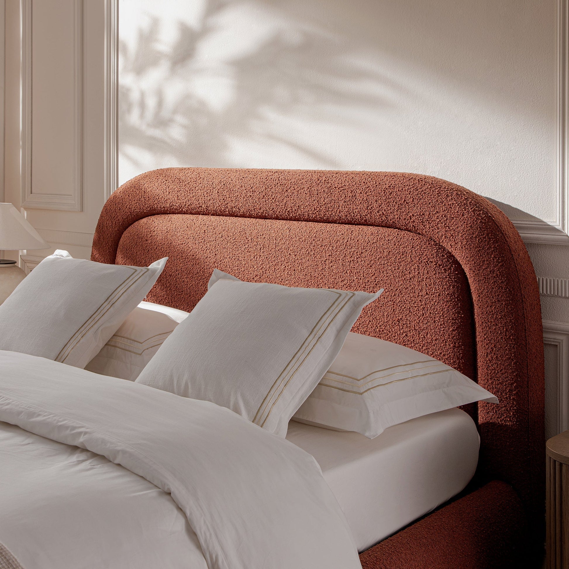 Luella Upholstered Wooden Plinth Base Bed with Storage, Rust Boucle
