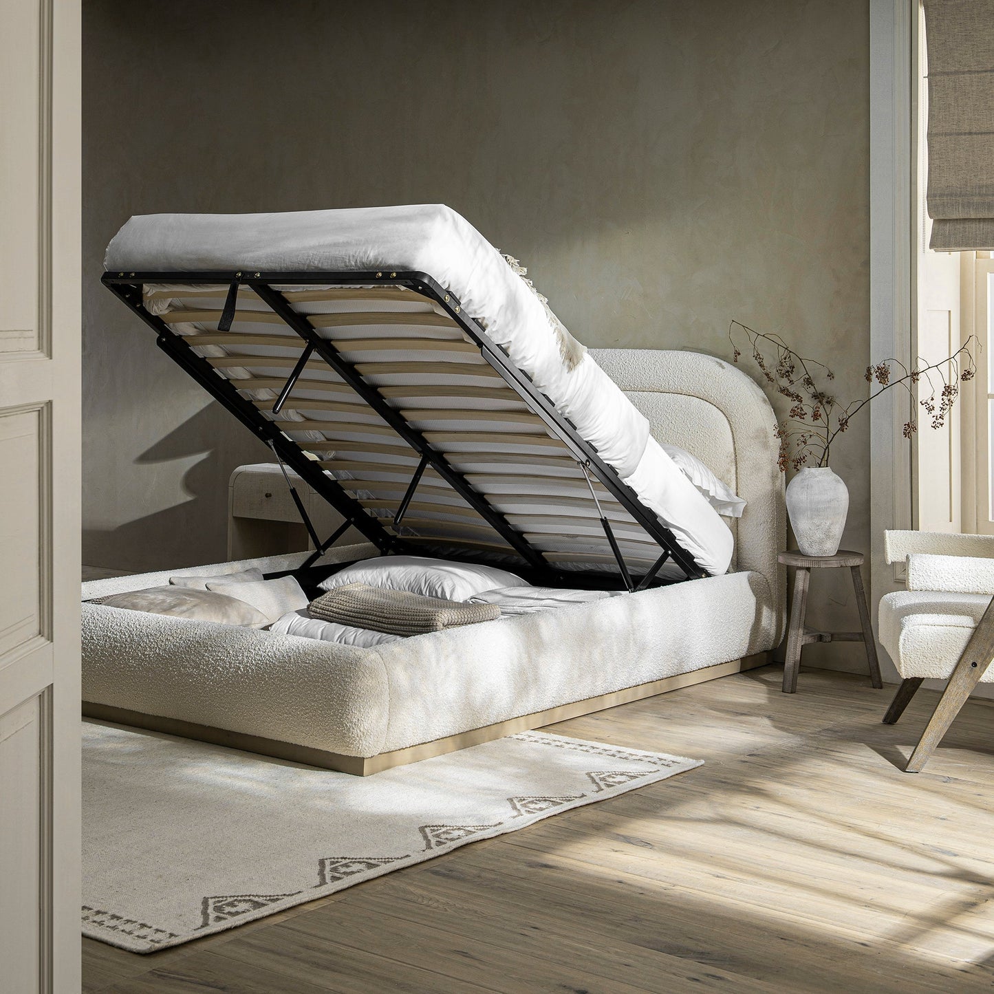 Luella Upholstered Wooden Plinth Base Bed with Storage, Ecru Boucle