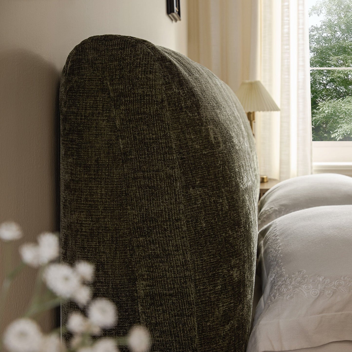 Thera Pillow Headboard Upholstered Bed, Moss Green Chenille
