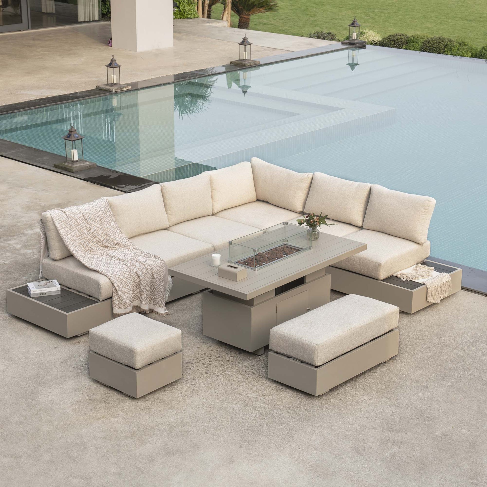 Jardin Aluminium Large Corner Casual Garden Dining Set with Rising Firepit Table, Pumice