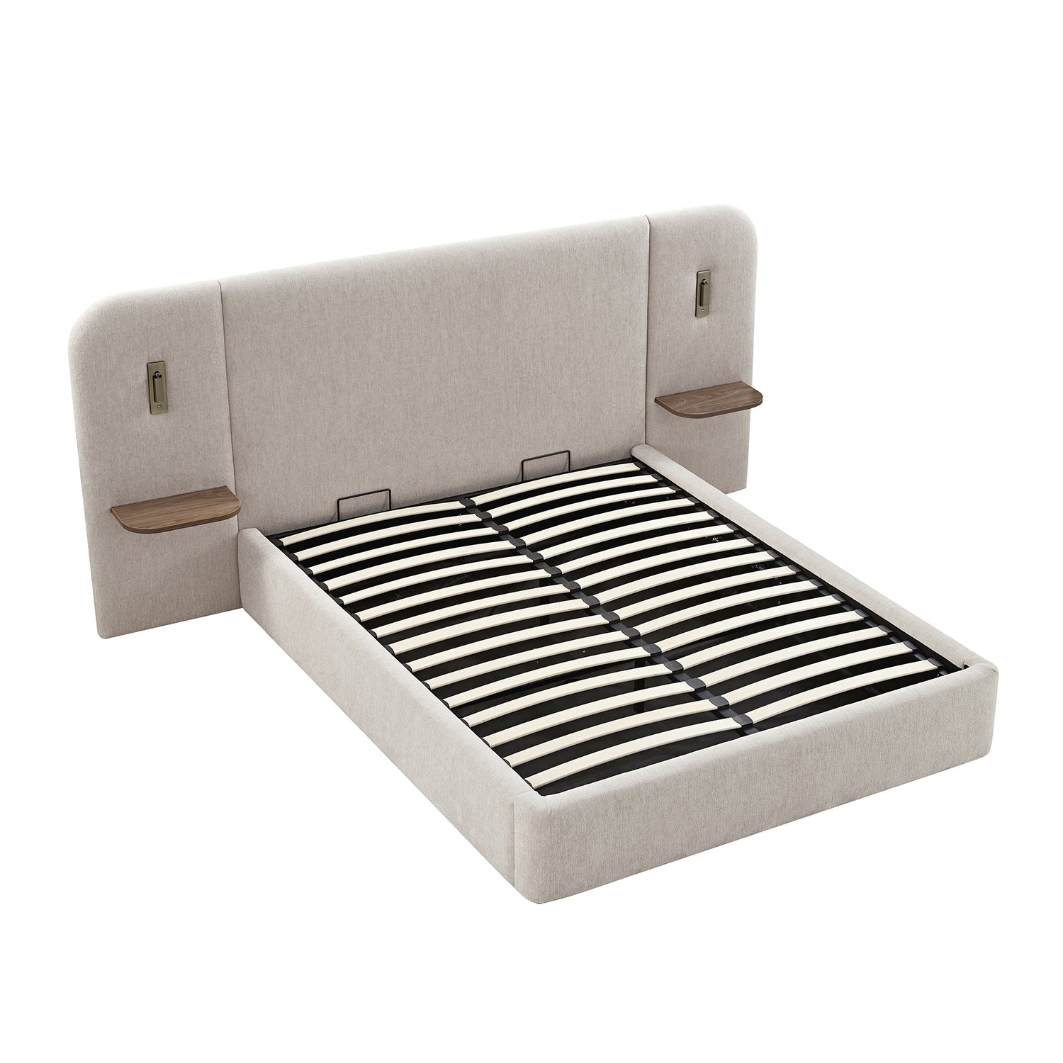 Della Extended Headboard Bed with Storage, Soft Beige Chenille