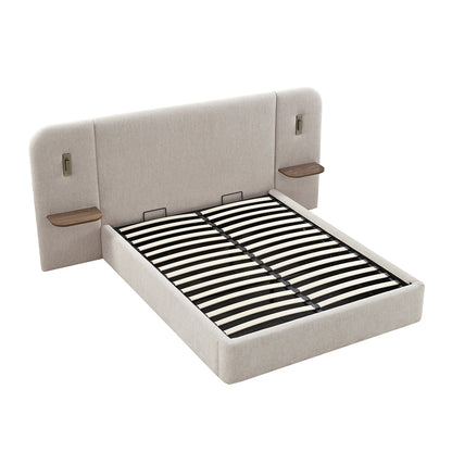 Della Extended Headboard Bed with Storage, Soft Beige Chenille