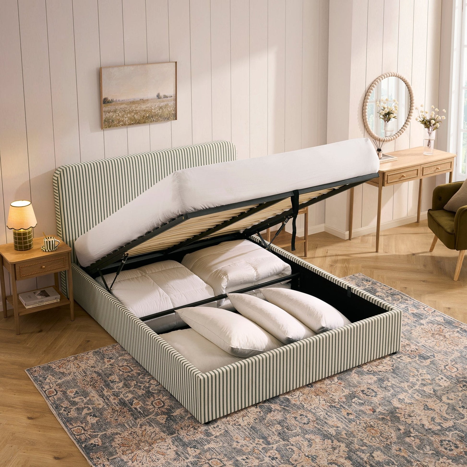 Ascot Ottoman Storage Bed - Sage Stripe