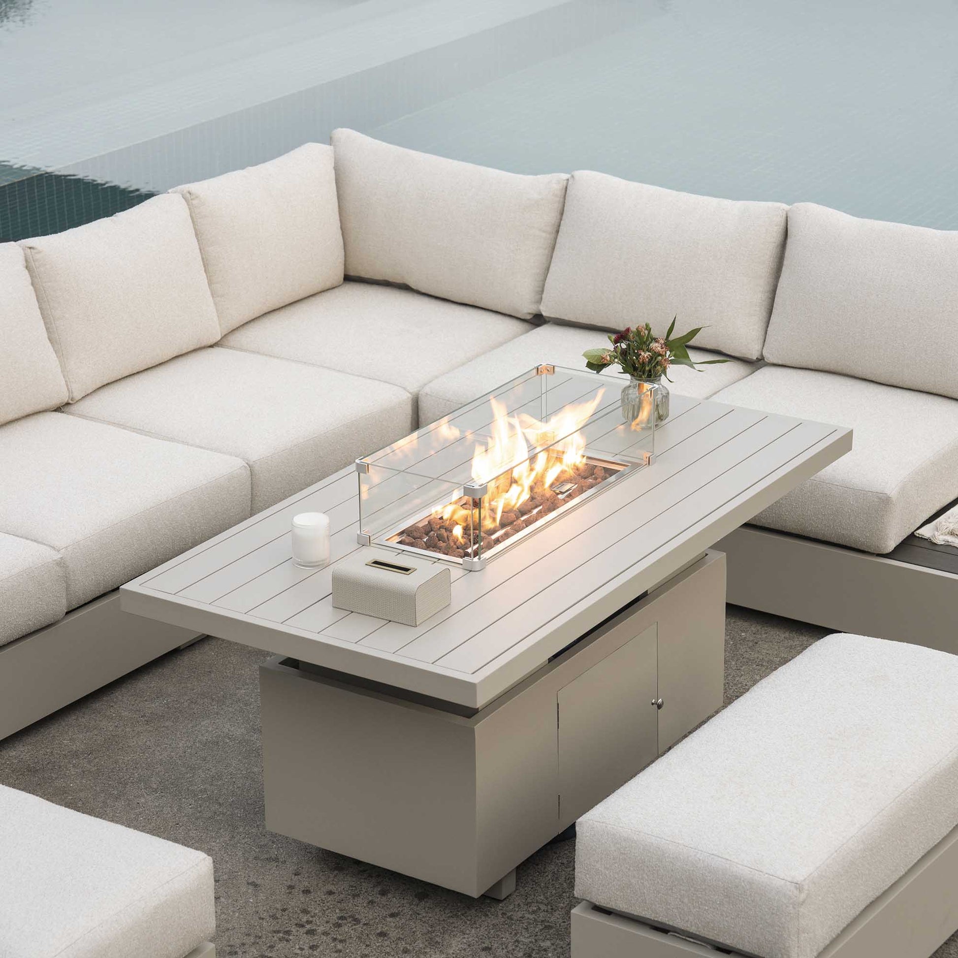Jardin Aluminium Large Corner Casual Garden Dining Set with Rising Firepit Table, Pumice