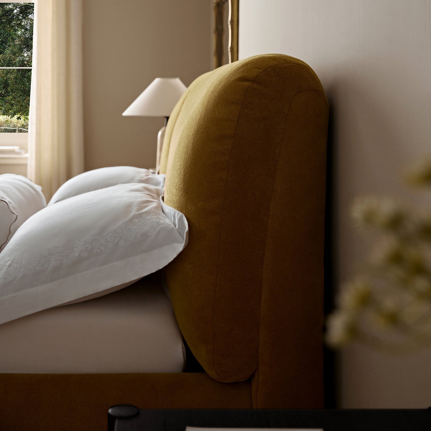 Thera Pillow Headboard Upholstered Bed, Burnt Ochre Chenille