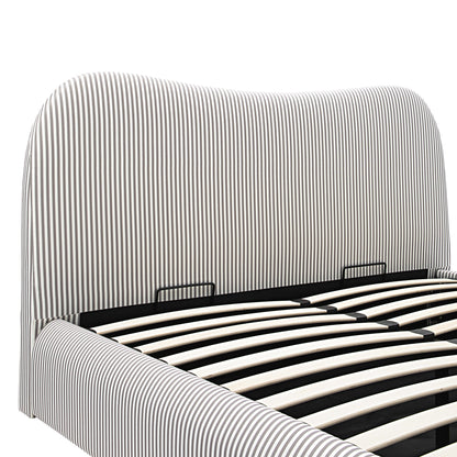 Egerie Curved Headboard Light Taupe Striped Fabric Ottoman Bed with Storage