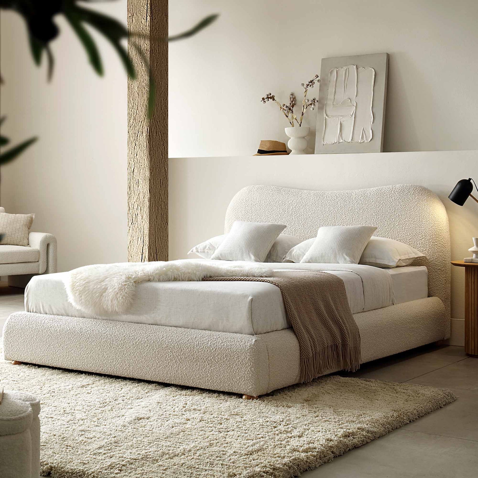 Egerie Curved Headboard Beige Boucle Ottoman Bed with Storage