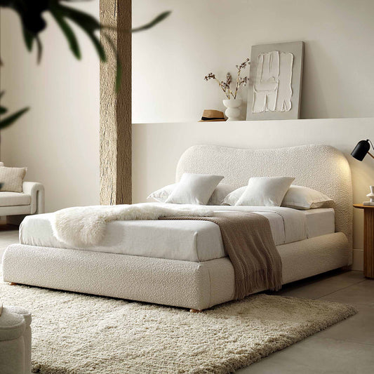 Egerie Curved Headboard Beige Boucle Ottoman Bed with Storage