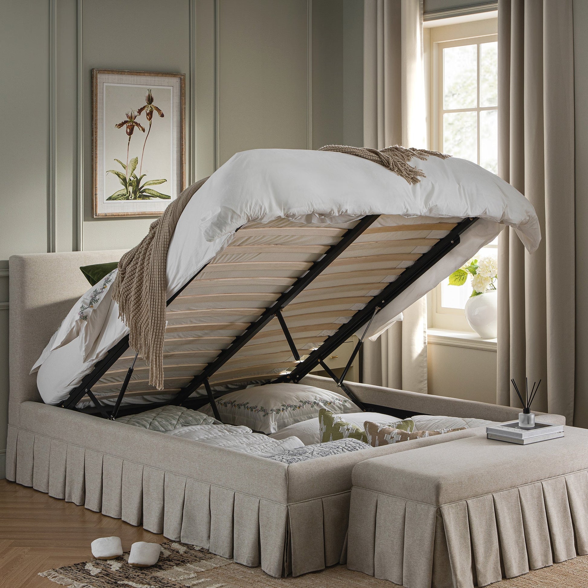 Egerton Box-Pleat Ottoman Bed with Storage, Oatmeal Brushed Fabric