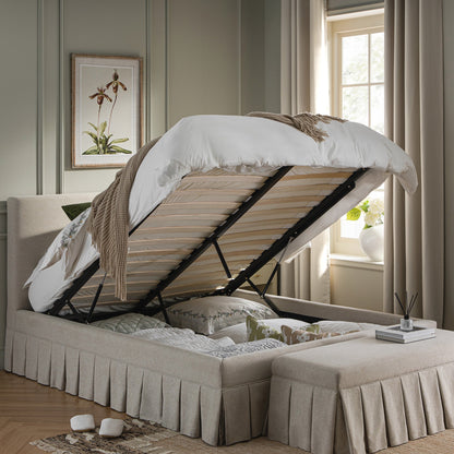 Egerton Box-Pleat Ottoman Bed with Storage, Oatmeal Brushed Fabric