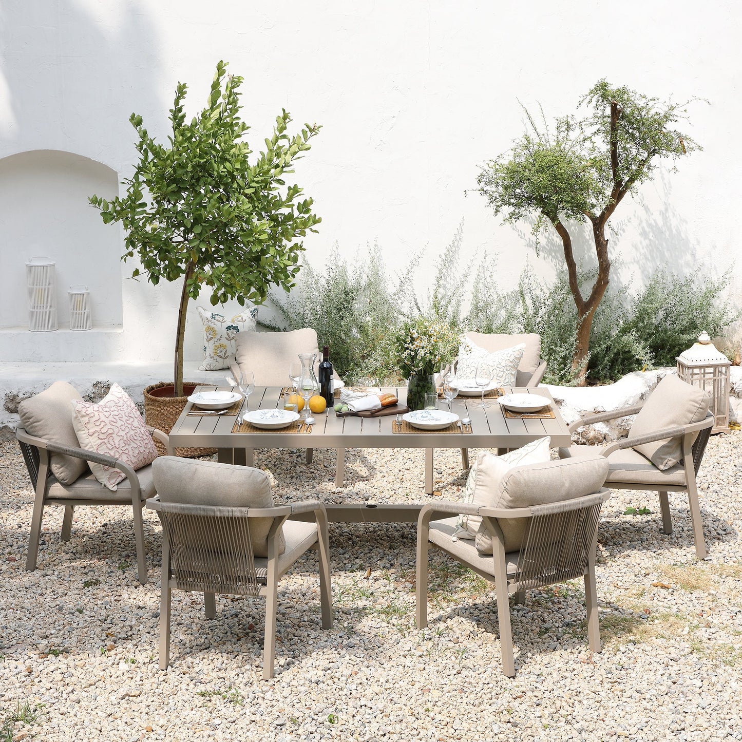 Manresa Rope 6-Seater Rectangular Garden Dining Set, Taupe and Beige