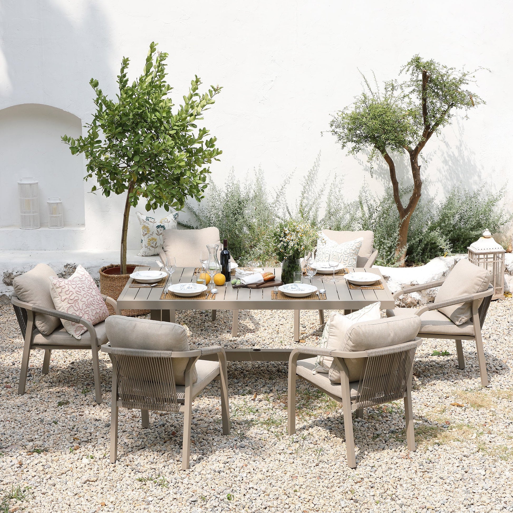 Manresa Rope 6-Seater Rectangular Garden Dining Set, Taupe and Beige