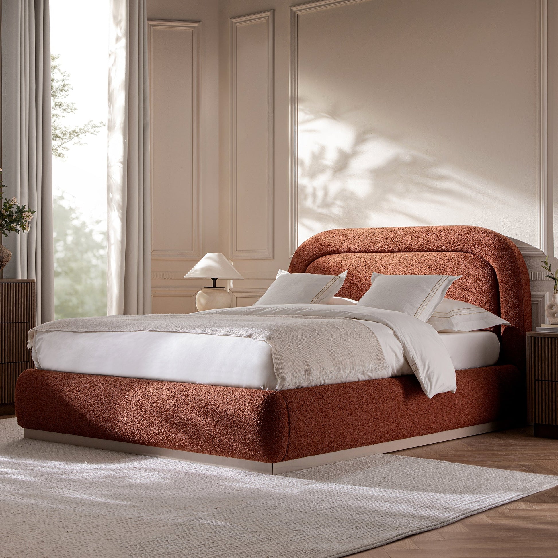 Luella Upholstered Wooden Plinth Base Bed with Storage, Rust Boucle
