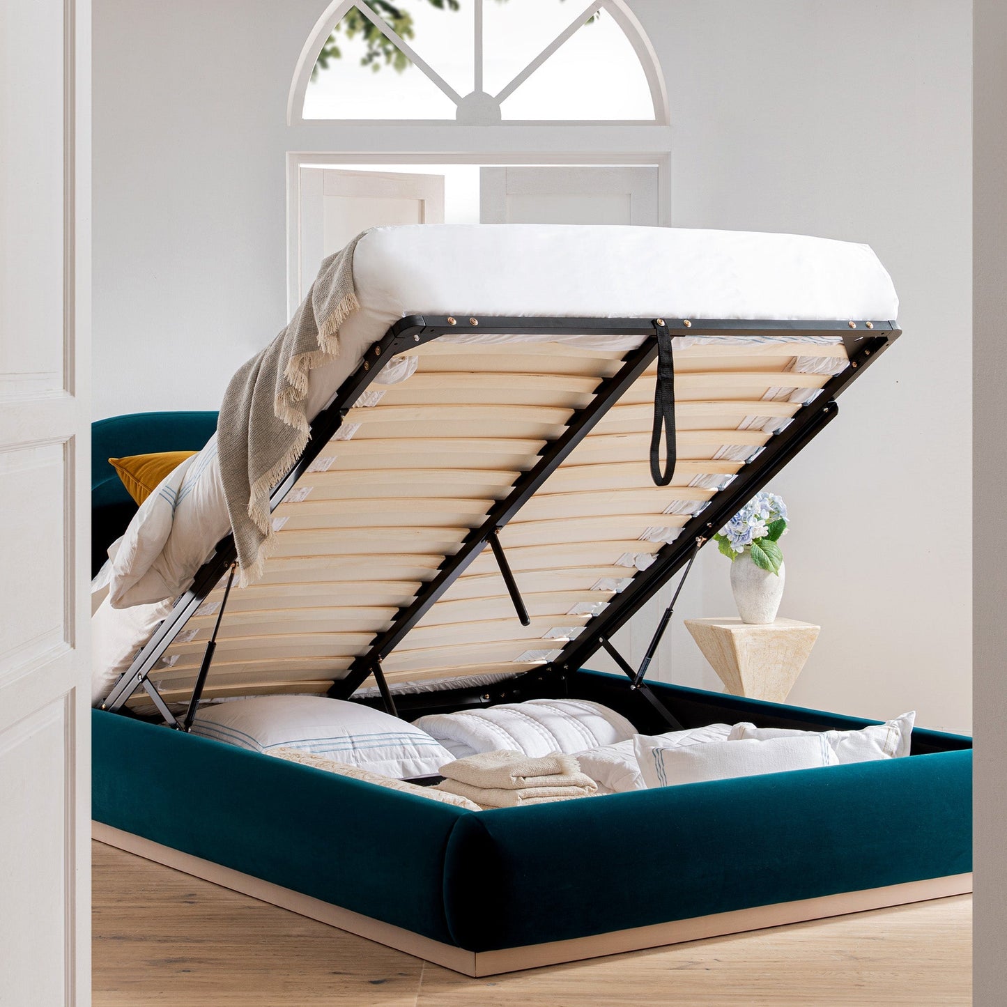 Luella Upholstered Wooden Plinth Base Bed with Storage, Teal Velvet