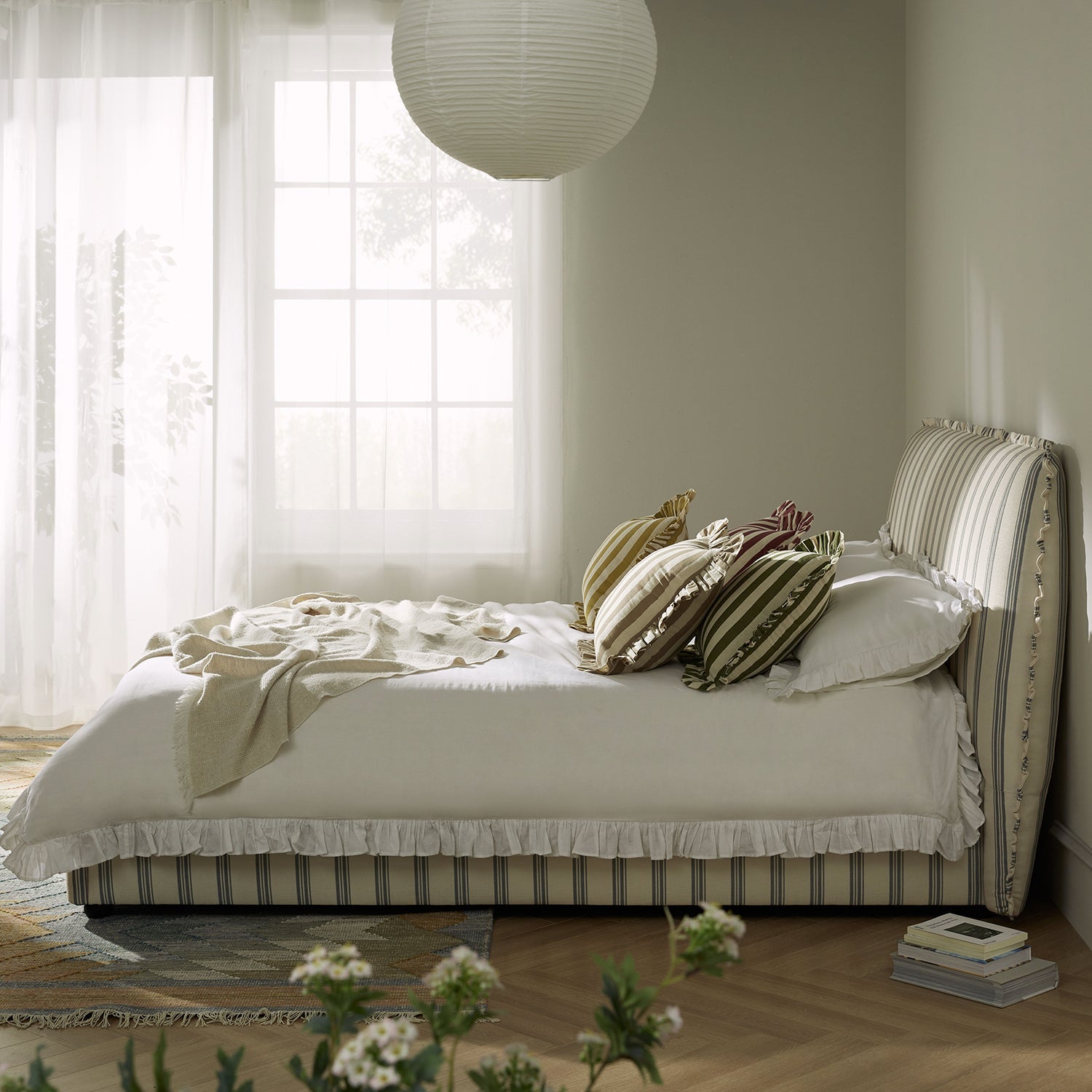 Celeste Upholstered Bed with Storage with Ruffled Headboard, Laurel Green Stripe