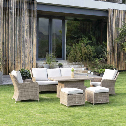 Hampshire 7-Seater Round Wicker Rattan Outdoor Sofa Set with Rising Table, Natural